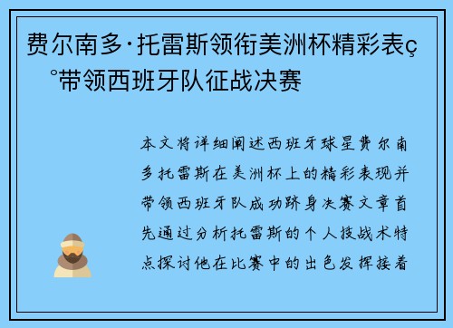 费尔南多·托雷斯领衔美洲杯精彩表现带领西班牙队征战决赛
