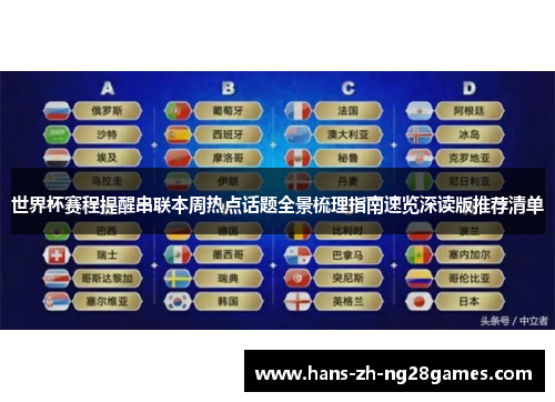 世界杯赛程提醒串联本周热点话题全景梳理指南速览深读版推荐清单 世界杯赛程提醒串联本周热点话题全景梳理指南速览深读版推荐清单