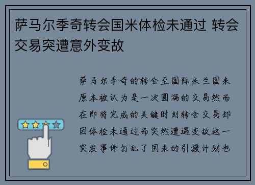 萨马尔季奇转会国米体检未通过 转会交易突遭意外变故