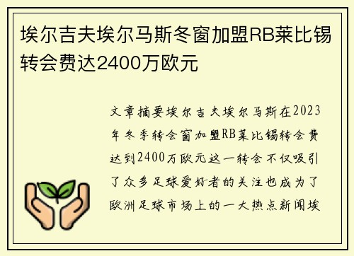 埃尔吉夫埃尔马斯冬窗加盟RB莱比锡转会费达2400万欧元